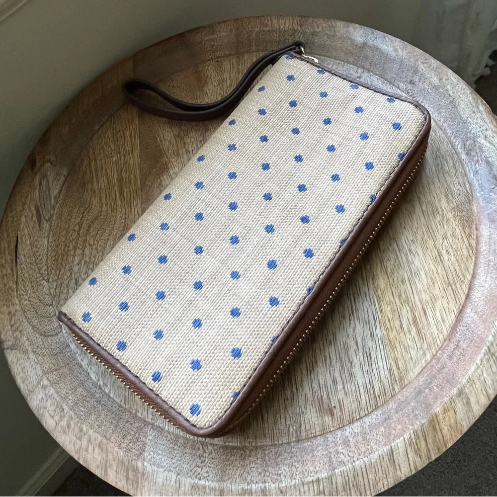 💙 Fossil Felicity Blue Dot Jori Zip Clutch Wallet & Pouch - Tan & Brown & Blue - Picture 10 of 15